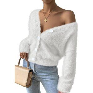 Pink Queen Women's Furry Cropped Cardigan White Open Front V-Neck  Sweater Coat